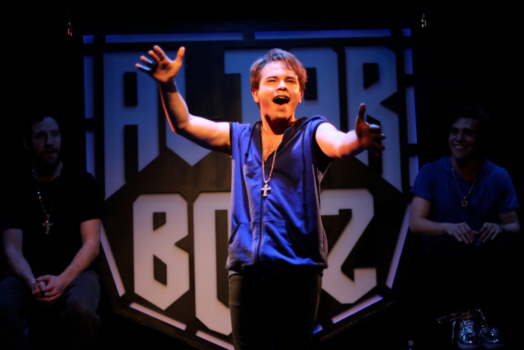 Frankie Leo Bennett as Mark with Max DeTogne (Matthew) and Steven Schaeffer (Abraham)ALTAR BOYZ | Theo Ubique Cabaret TheatrePhoto: Cody Jolly