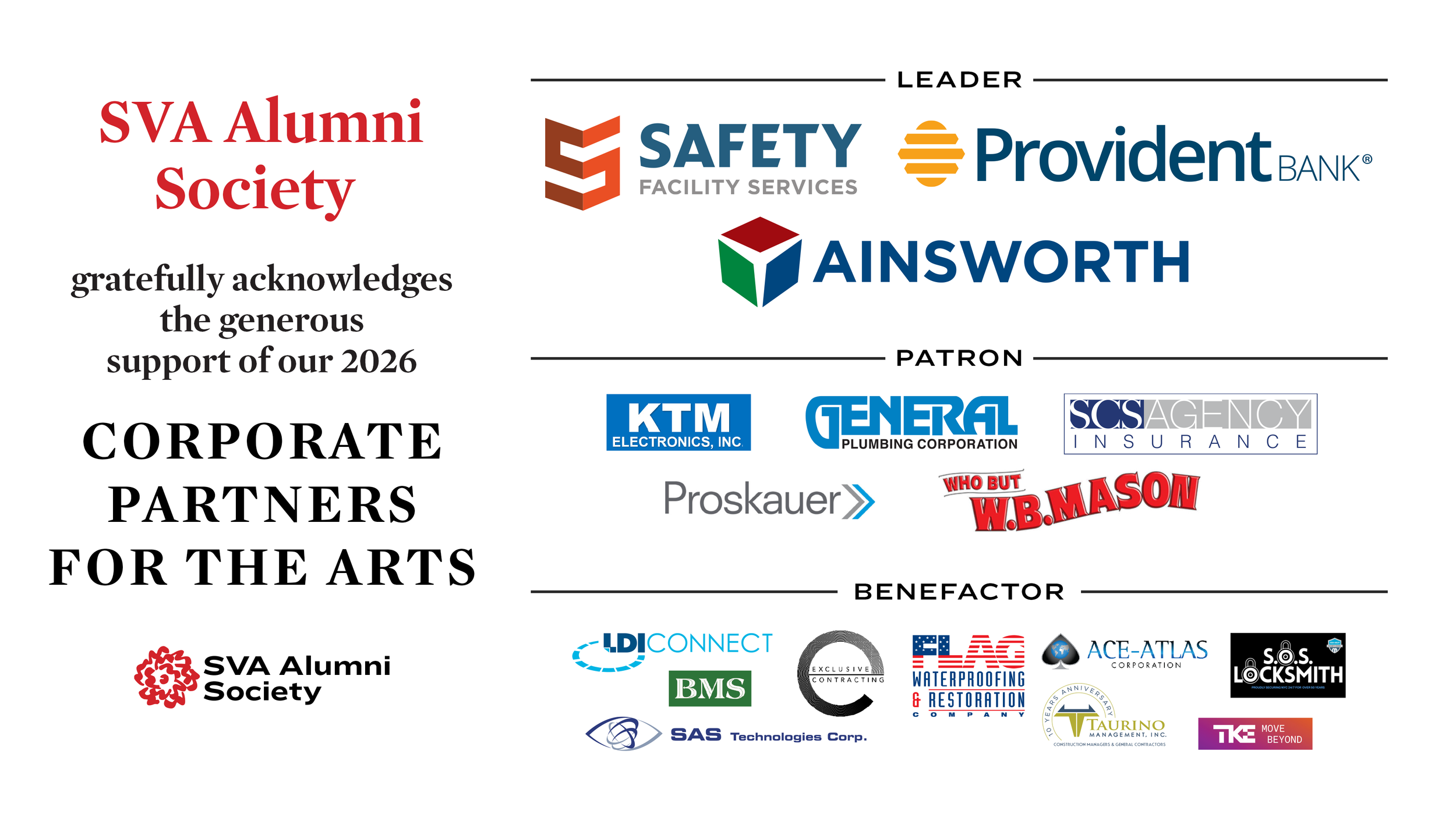 "SVA Alumni Society gratefully acknowledges the generous support of our 2026 Corporate Partners for the Arts" written next to a list of companies logos separated into three levels: Leader, Patron, Benefator
