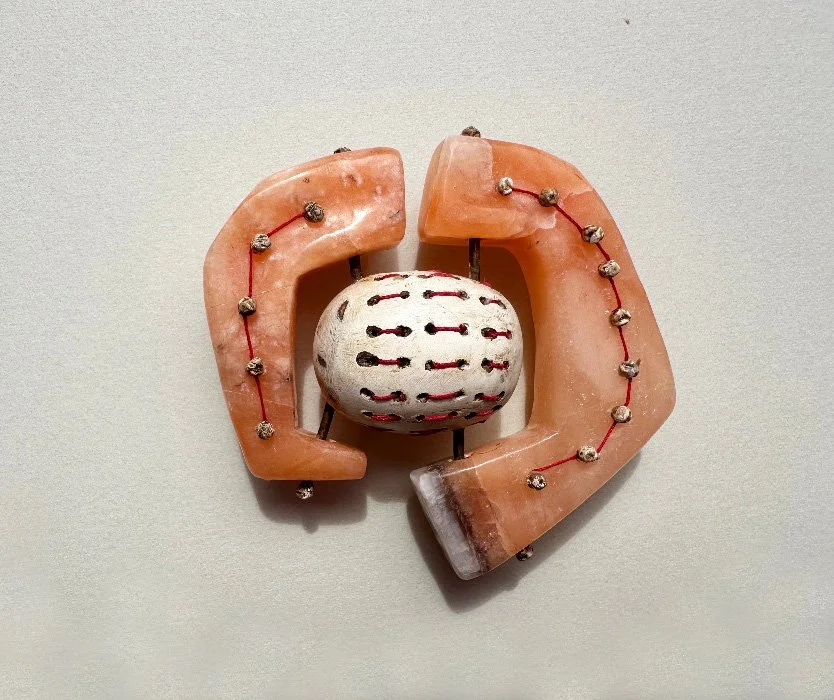 "Rock-Jaw"  2023  Alabaster, Mixed Media 3"x3"x1/2"