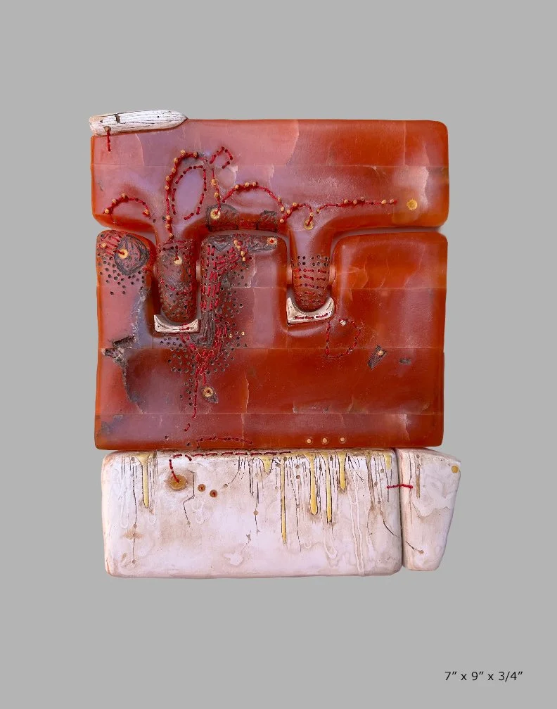"Sew Rock" 2023 Alabaster, Mixed Media 9"x6"x1.5"