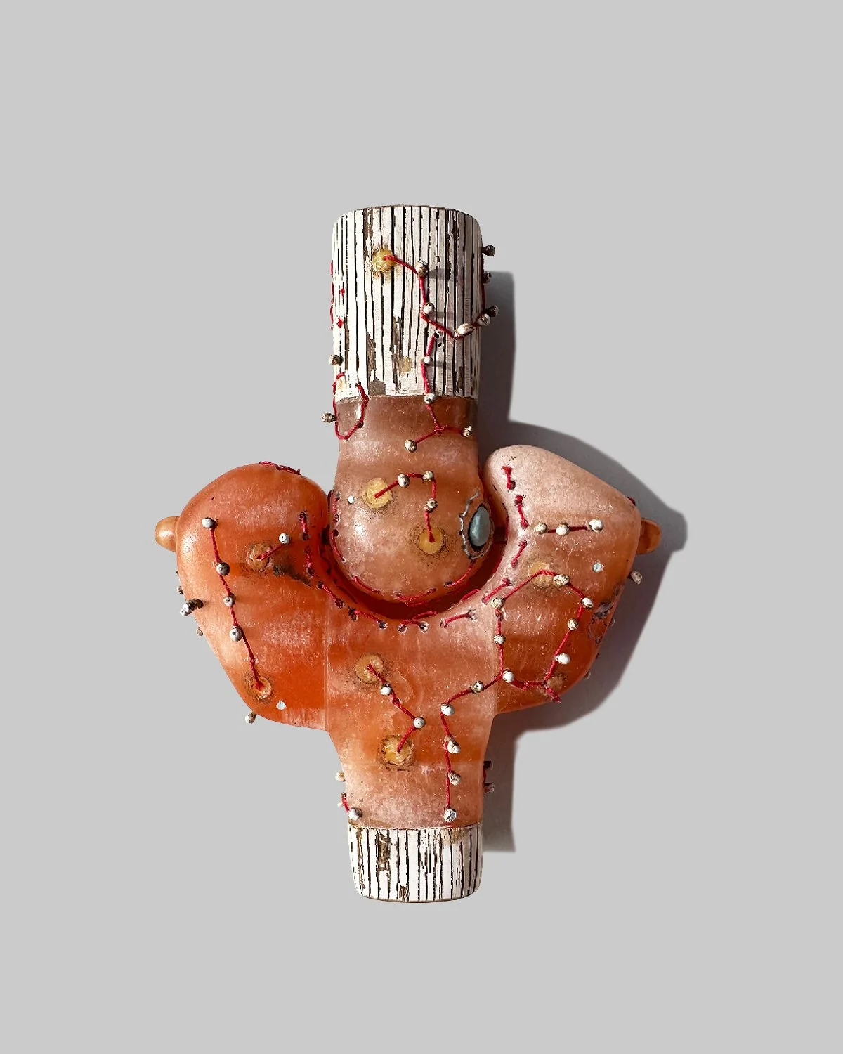 "Embroidered Hinge"  2024  Alabaster, Mixed Media 3.5"x2.5"x3/4"