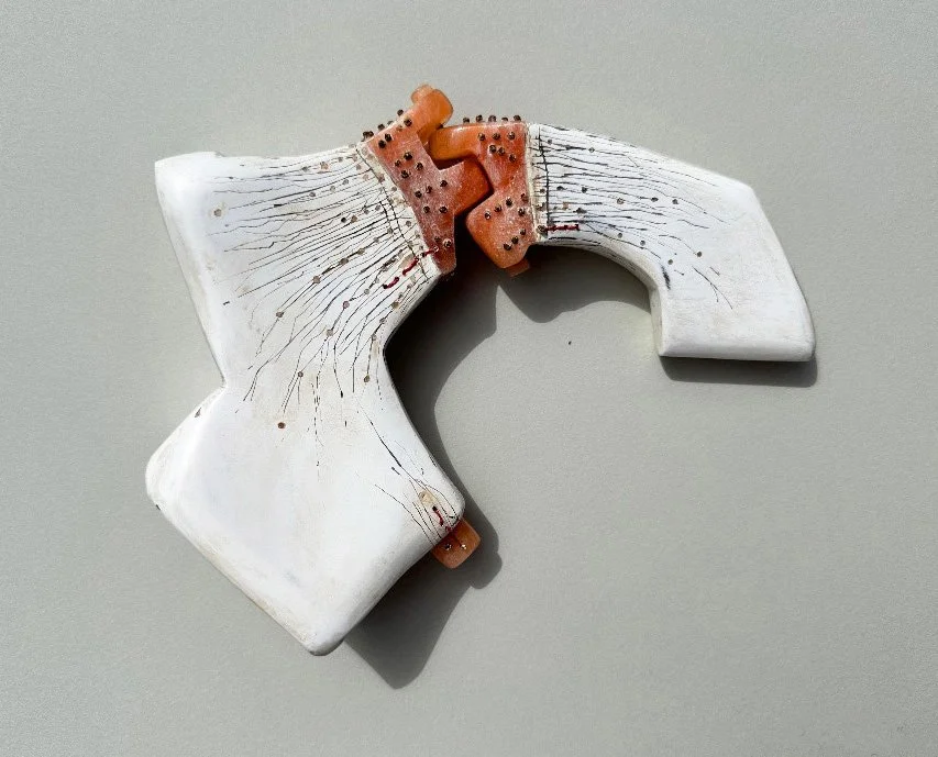 "Hinge-Bone II" 2024  Alabaster, Mixed Media 7"x7"x 1.5"