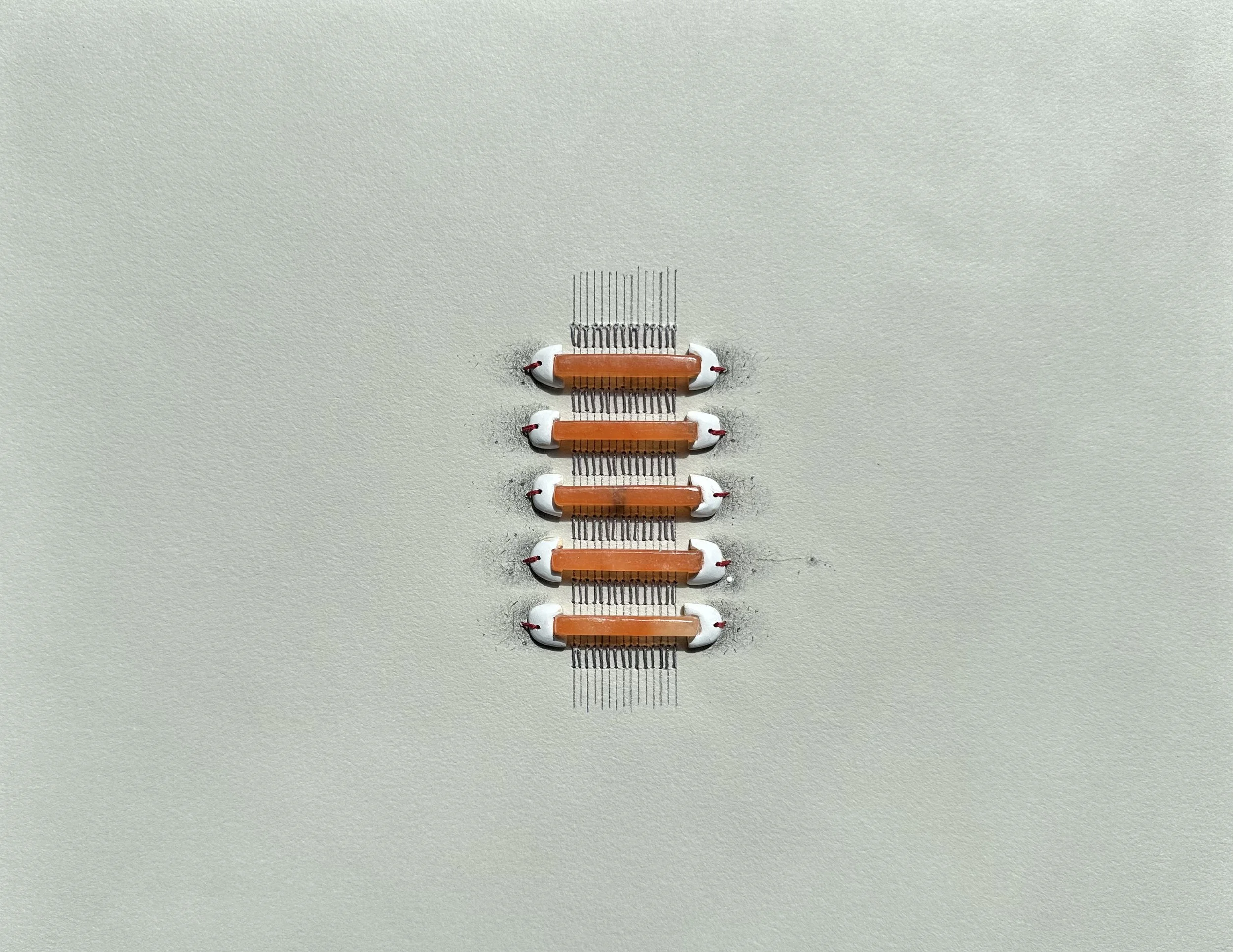 "Vertebral II"  2025  Alabaster, Graphite, Cotton Embroidery on Paper  10"x14"