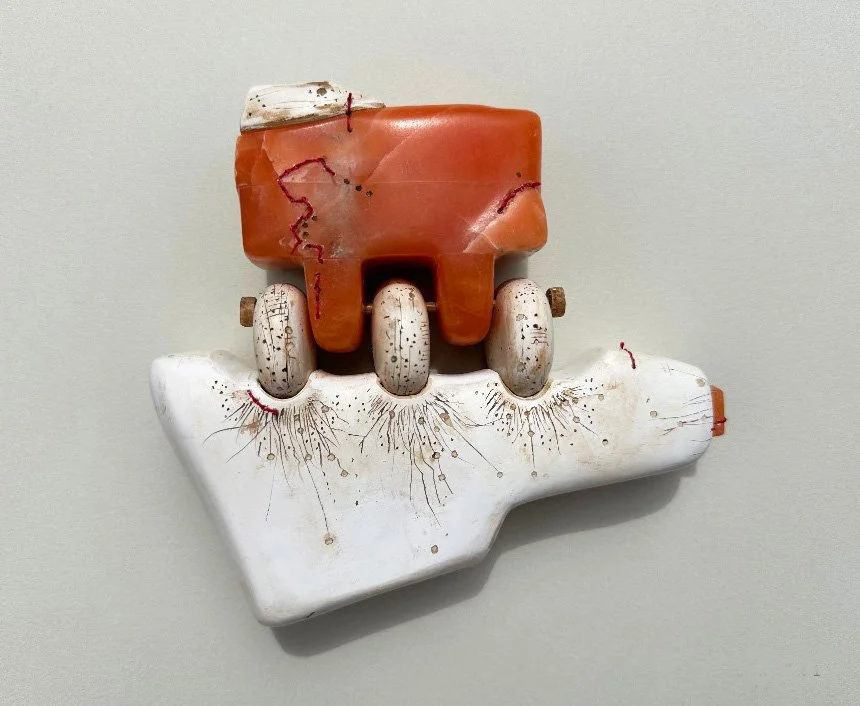 "Hinge-Bone I" 2024  Alabaster, Mixed Media 7"x7"x 1.5"