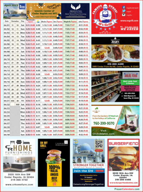 Prayer Timings — Islamic Center of Cedar Rapids