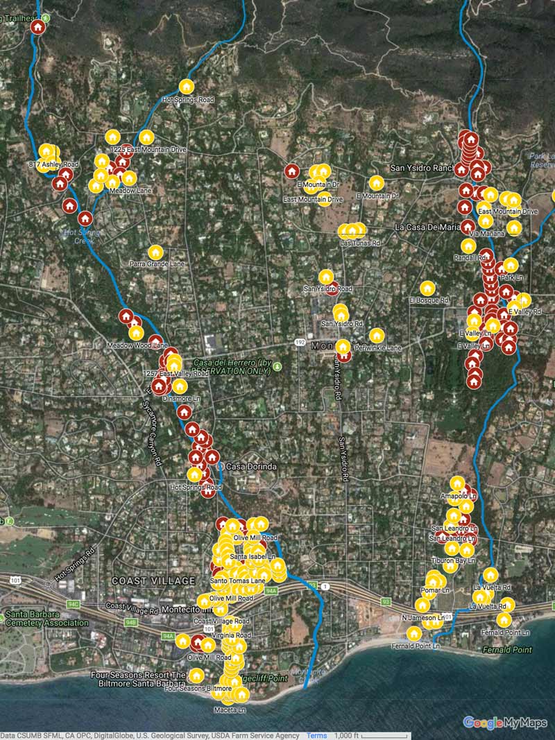 Ethan Turpin worked with The Santa Barbara Independent newspaper to visually assess and pin-point affected areas during catastrophic debris flows in Montecito following the 2017 Thomas Fire. By walking the creeks and mud-filled streets with cameras, notepads, and GPS, the team was able to compile an interactive map with vital information for evacuated residents about the status of homes.