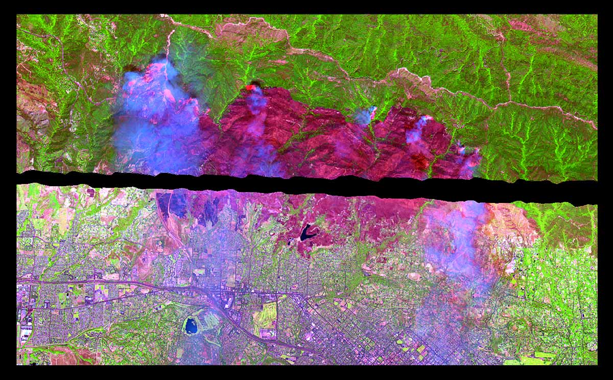AVIRIS remote sensing gave view of active heat and burning during Santa Barbara’s Jesusita Fire, along with a clear view of dense riparian vegetation. Collaboration between Geography Professor Dar Roberts and Burn Cycle’s Ethan Turpin for UCSB Library exhibit. 