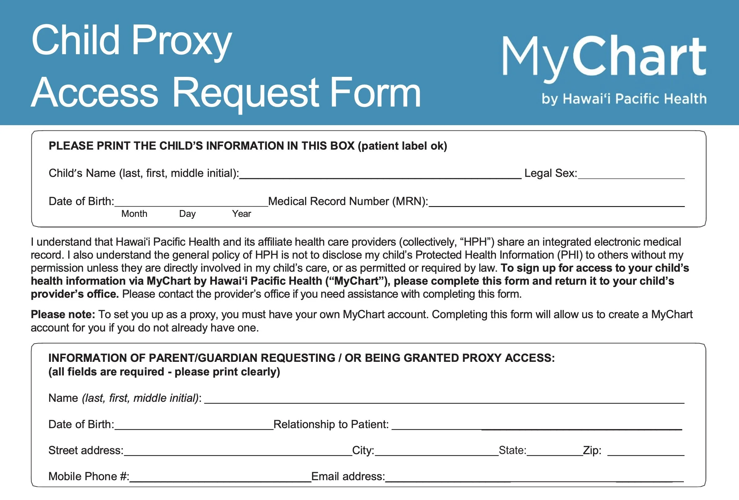 Hawaiʻi Pacific Health MyChart child proxy access request form