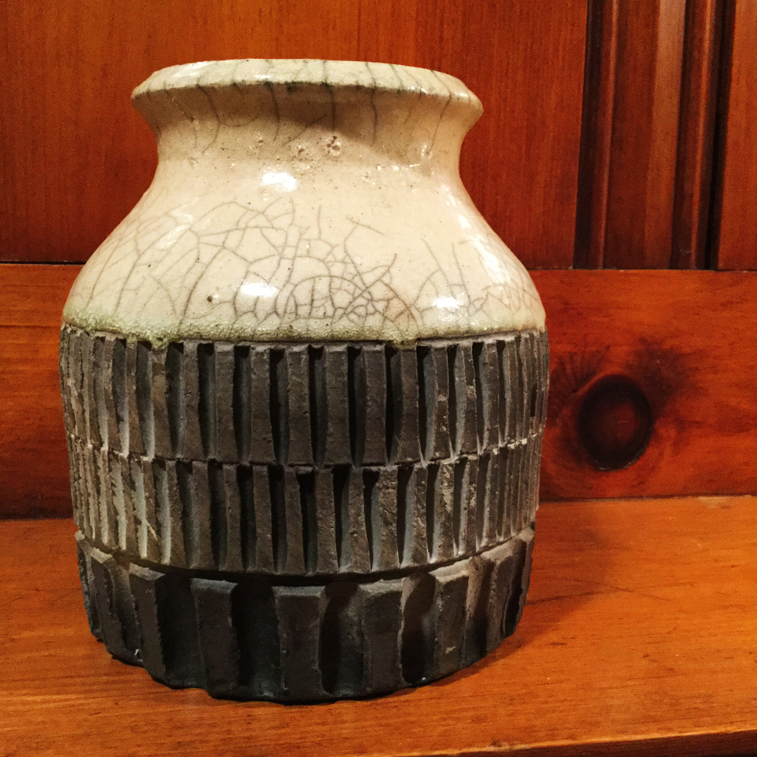 RAKU VASE WITH CRACKLE GLAZE AND PRIMITIVE PATTERN INCISING