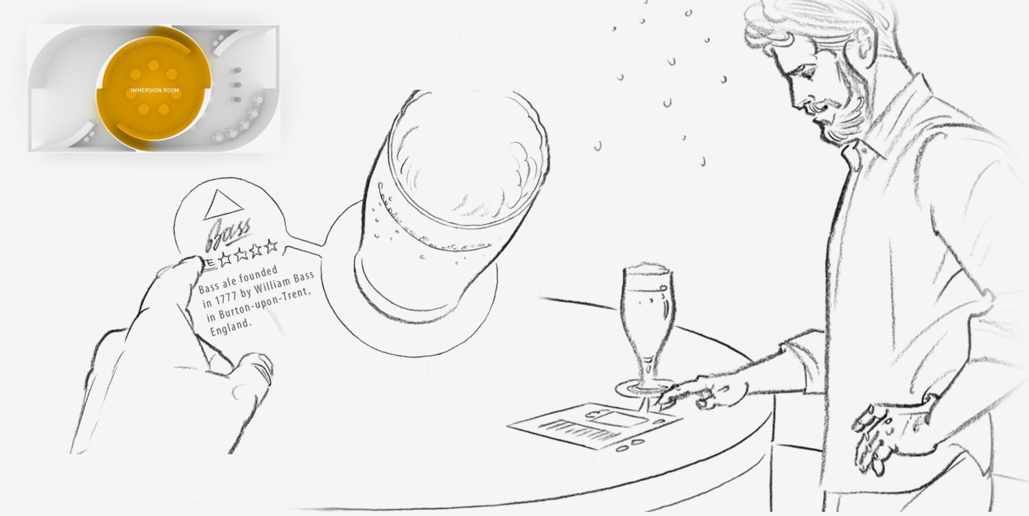 Find one that you like and bring it to one of the multi-touch tables in the center of the room. Place your glass down and the RFID lights up the display. Learn what you've been drinking, try pairing recommendations, and rate your choice.
