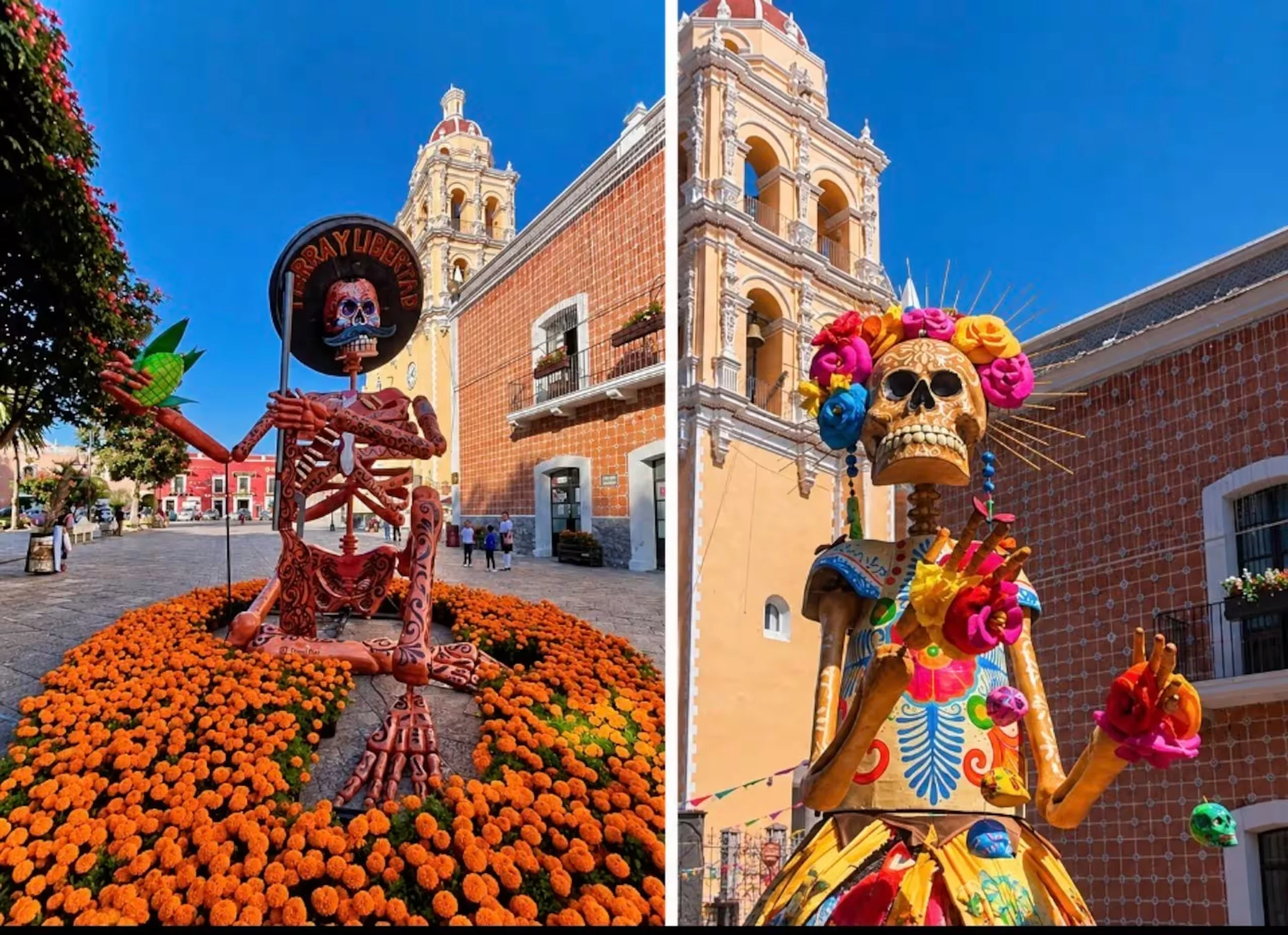 Dos fotografías de figuras esqueléticas monumentales en Atlixco: una con sombrero entre flores de cempasúchil y otra con vestido amarillo y flores de colores, frente a edificios históricos.