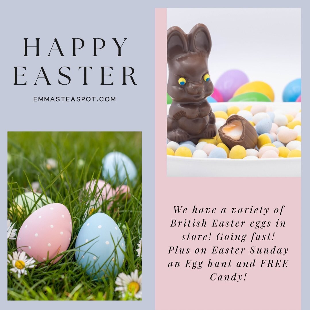 We have Easter Eggs! Nestle and Cadbury in all sizes plus mini eggs and cream eggs!

Any reservation on Easter Sunday can hunt the 7 hidden Egg pictures in the store to spell a Spring word. Pick up a Treat at the register when you tell them the answe