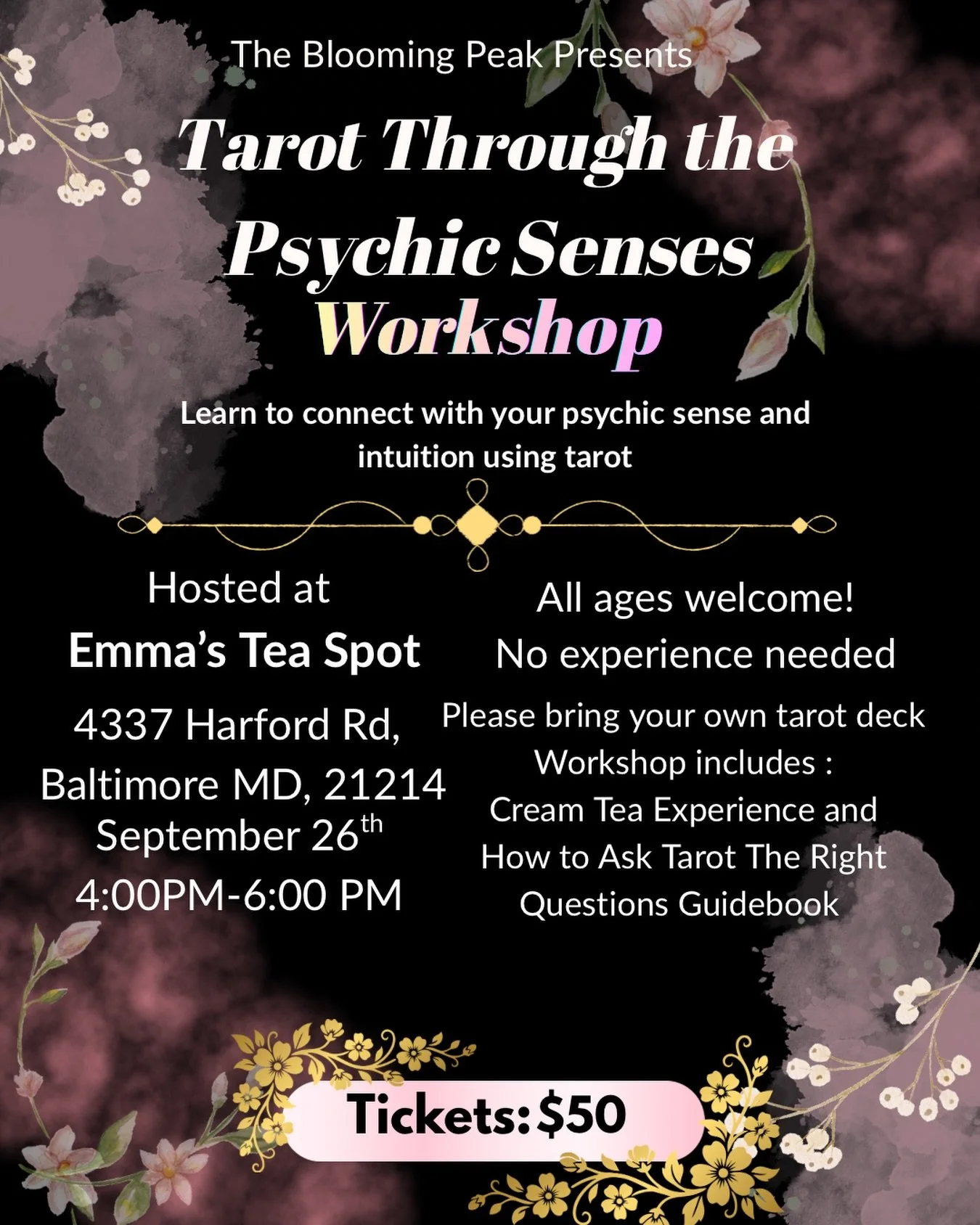 🔮✨ Tarot Through the Psychic Senses ✨🔮

Ever wondered how to move beyond simply reading tarot cards and begin actually feeling and trusting what they&rsquo;re telling you?

Join The Blooming Peak at Emma&rsquo;s Tea Spot for an intimate, beginner-f