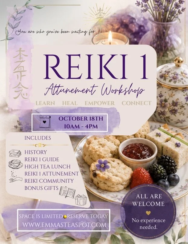 ✨ REIKI 1 ATTUNEMENT WORKSHOP ✨
Sunday, October 18th | 10AM&ndash;4PM
at Emma&rsquo;s Tea Spot

Have you ever felt drawn to Reiki &mdash; but weren&rsquo;t quite sure where to begin? Make space in your life and body for  this invitation. 🌿

Join us 