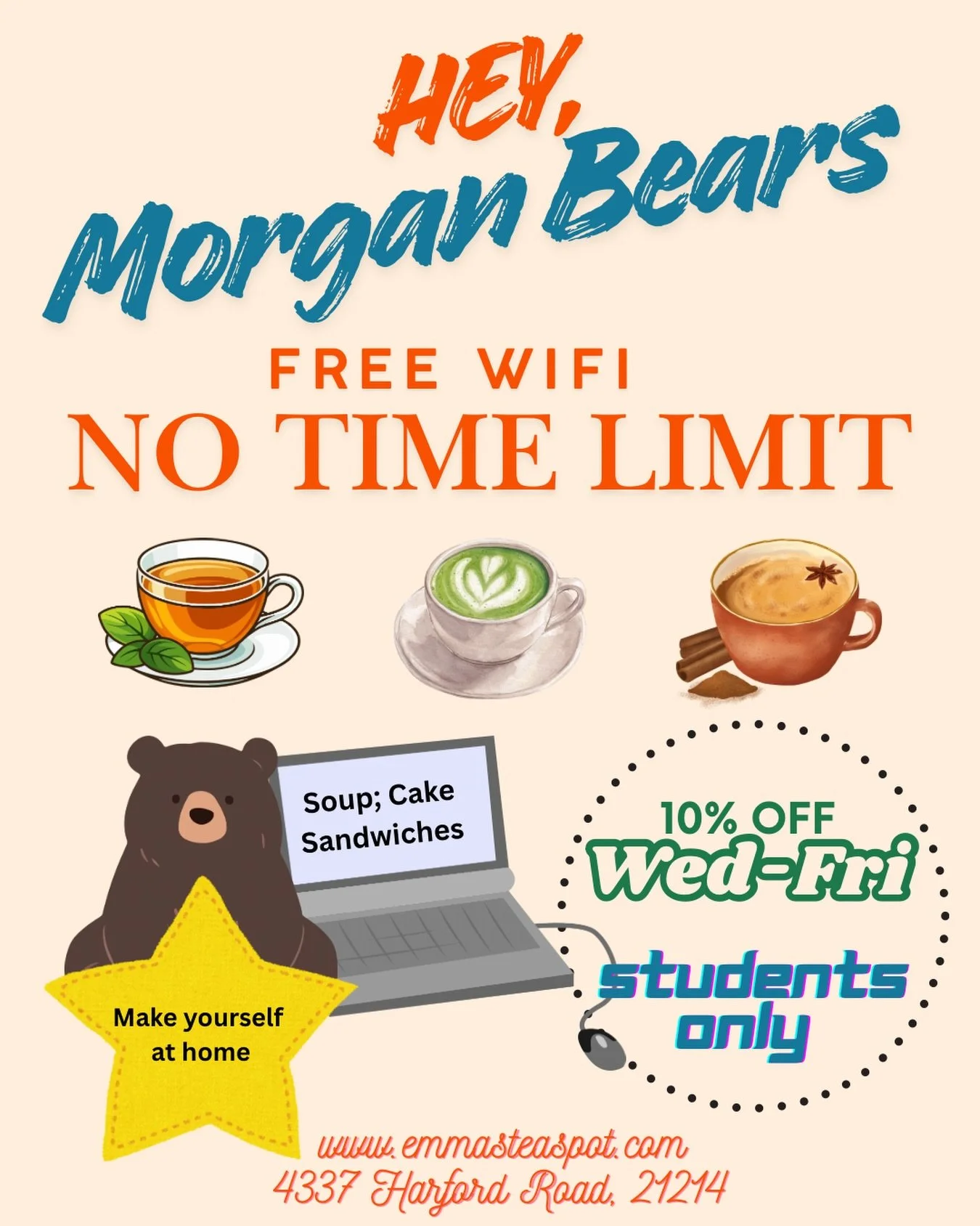 🐻💙🧡 HEY, MORGAN BEARS! 🧡💙🐻

And ALL Students!!!!
#Need a cosy spot to study, catch up with friends, or escape campus for a while?

☕ FREE Wi-Fi &amp; NO TIME LIMIT! @morganstateu 

🍵 Loose-leaf teas, tea lattes, coffee &amp; hot chocolate
🍰 H