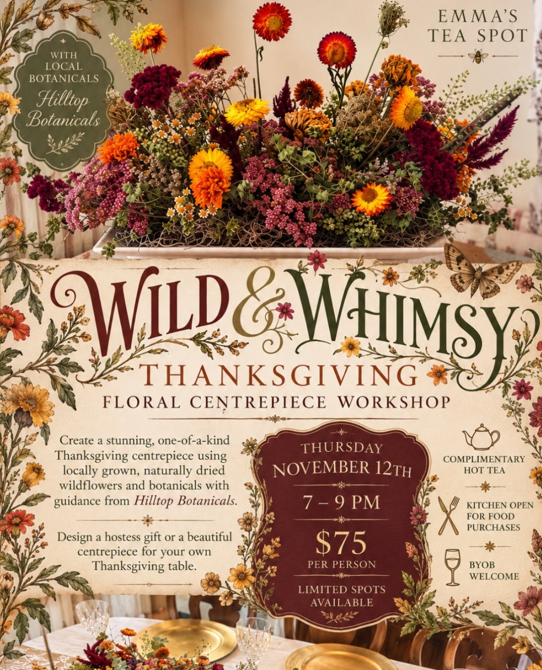 🍂🌸 A WILD &amp; WImSY THANKSGIVING 🌸🍂
An Autumn Floral Centrepiece Workshop

Thursday, November 12th | 7&ndash;9 PM
$75 per person | Limited Spaces

Gather your favourite girls, embrace your inner woodland witch, and join us for a magical evening