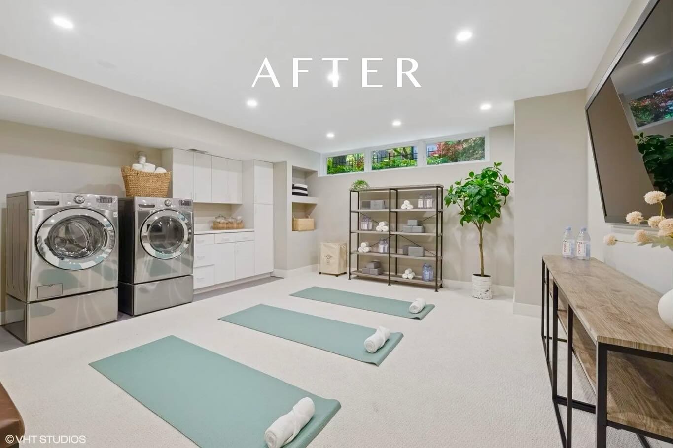 Idea! Do your 30 minutes of yoga while the laundry finishes up. 🧘&zwj;♂️ Staying cool, staying healthy and getting chores done is all wrapped up in our repurposing of this Basement room at 1048 W. Webster. We can help turn any room in your listing i