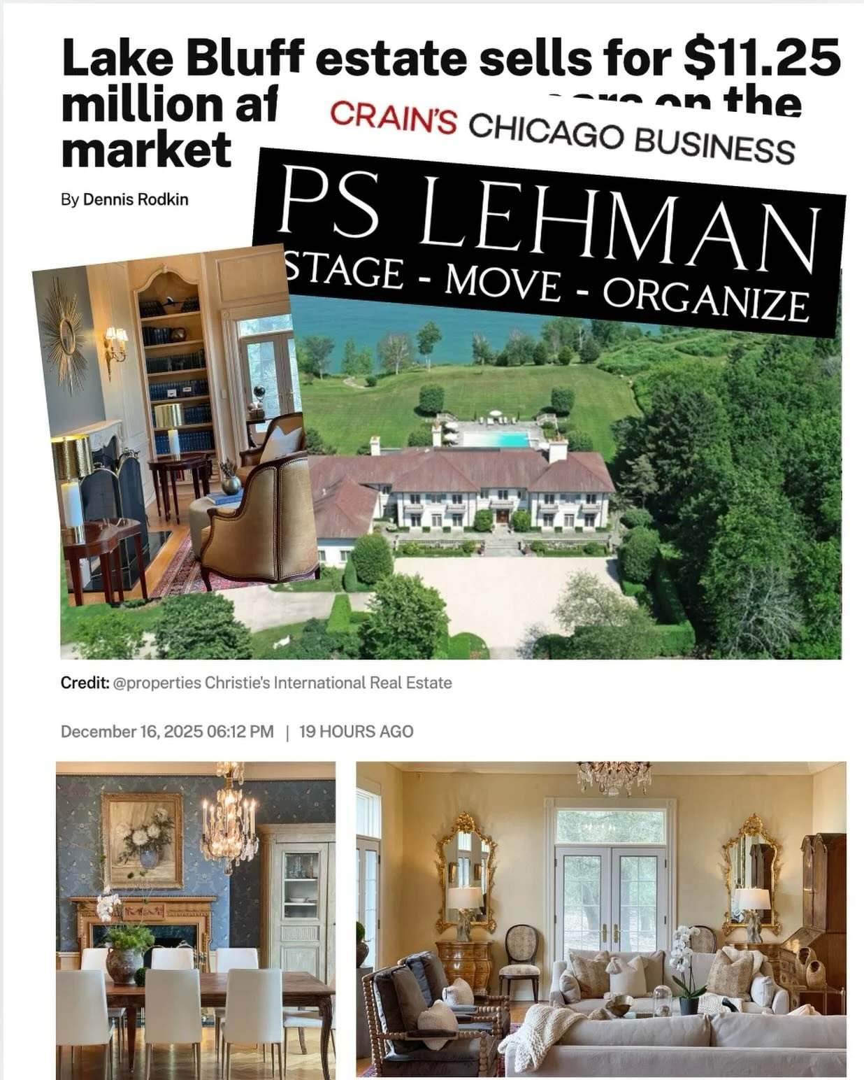 A big congratulations to agent Andra O&rsquo;Neill on the sale of 700 Crab Tree Farm Lane for $11,250,000 this week. 🥳🎉👏🏻We helped stage a few of the rooms in this gorgeous heritage home to help get it sold. #pslehmanstaging #inthenews #crainschi