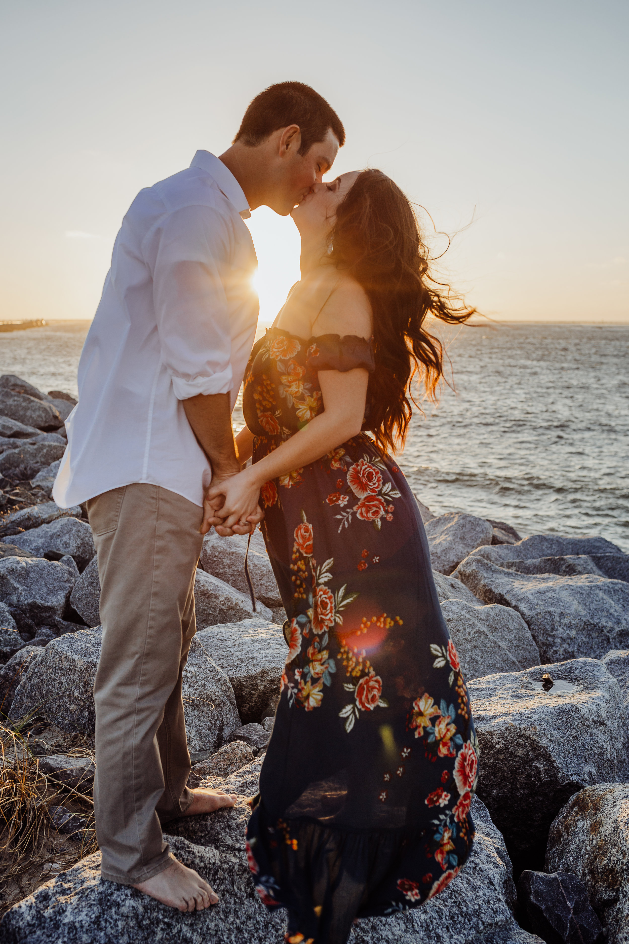 Daytona Beach engagement photographer shot in Ponce Inlet, Fl styled with a floral Sophie and Trey maxi dress