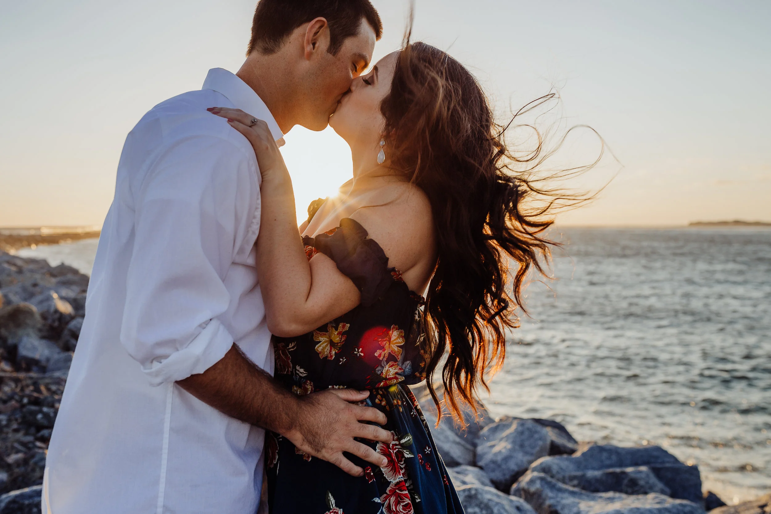 Daytona Beach engagement photographer shot in Ponce Inlet, Fl styled with a floral Sophie and Trey maxi dress