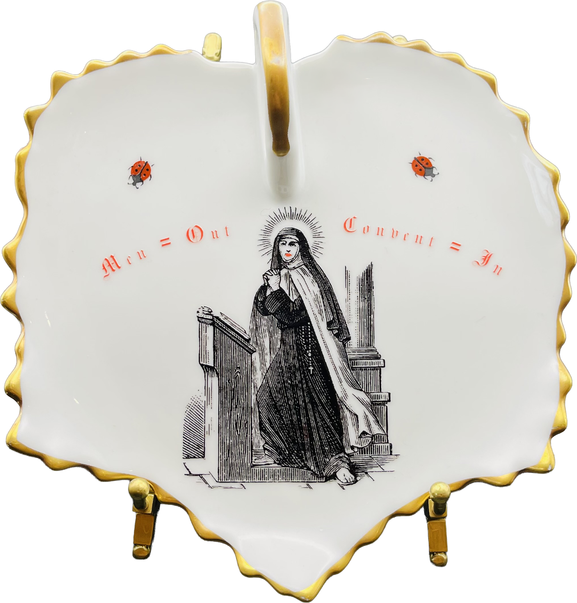 Men OUT Convent IN nun on handled leaf plate with gold accents and lady bugs