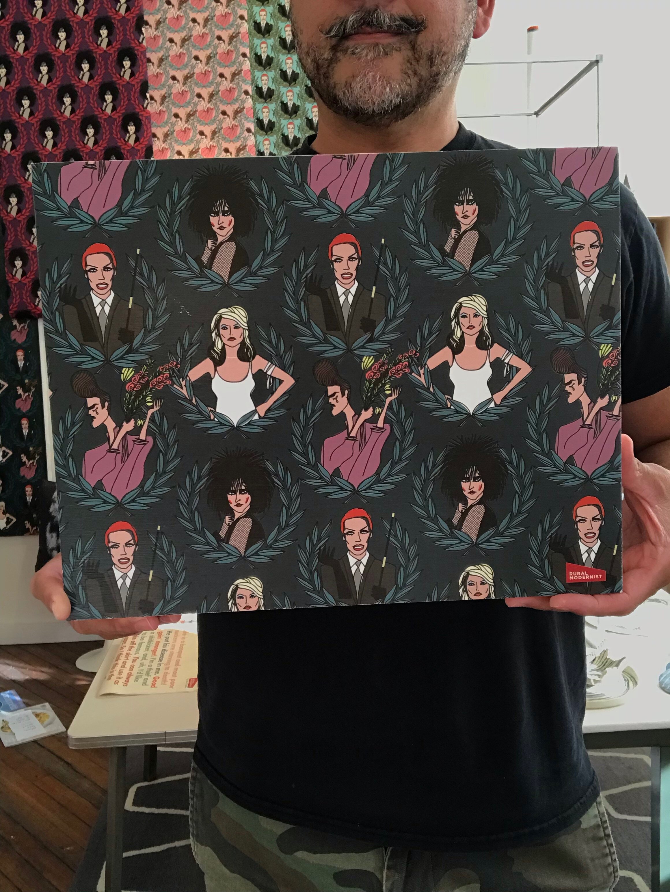 New wave icons on wood panel, large