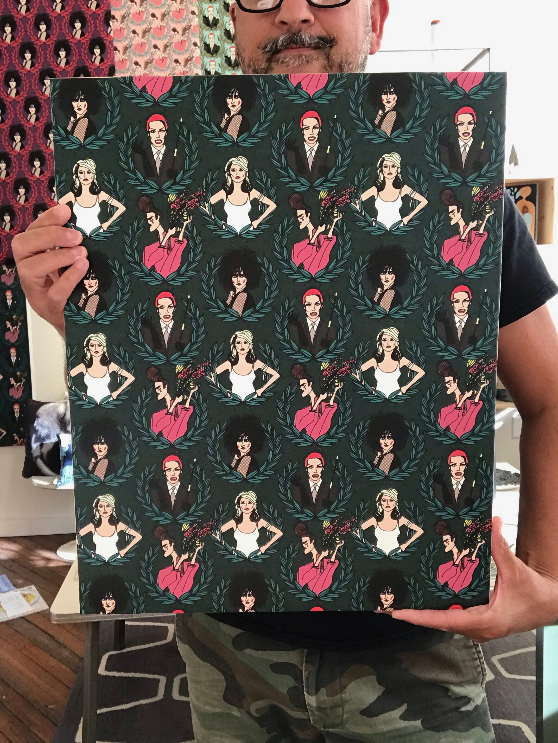 New wave icons on wood panel, large vertical