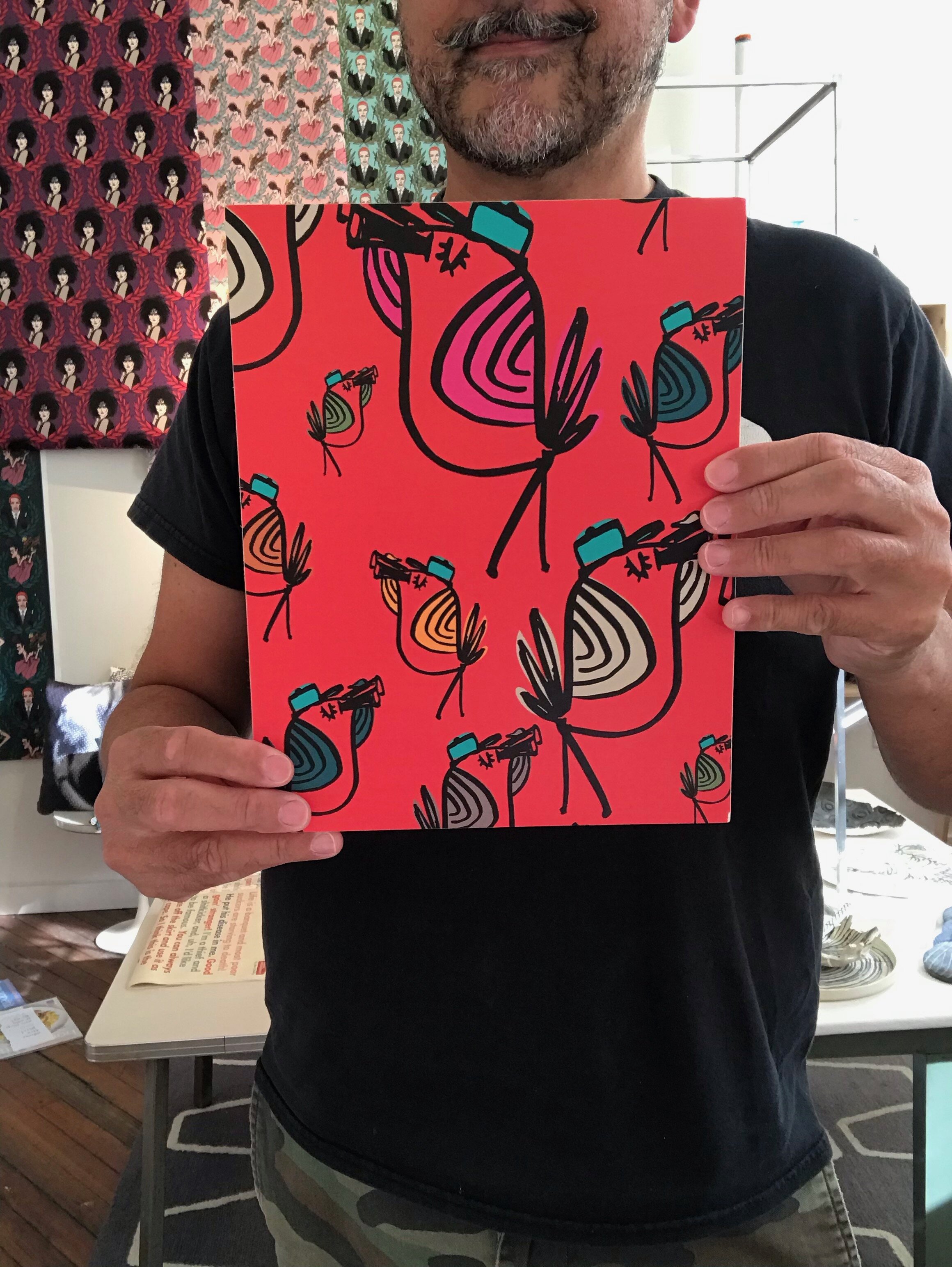 Birds on wood panel, red A