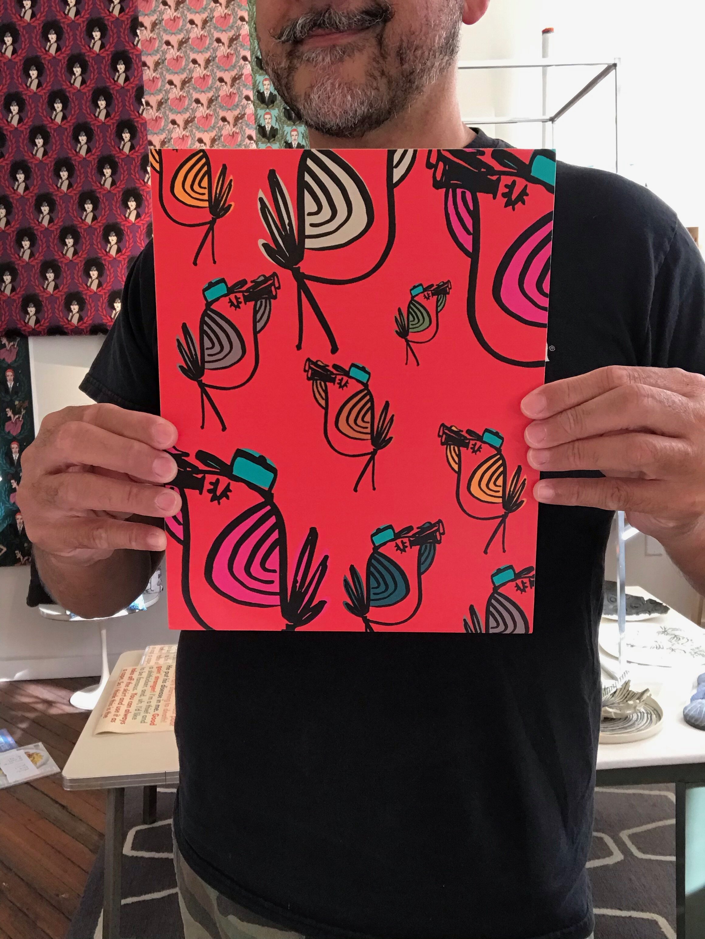 Birds on wood panel, red B