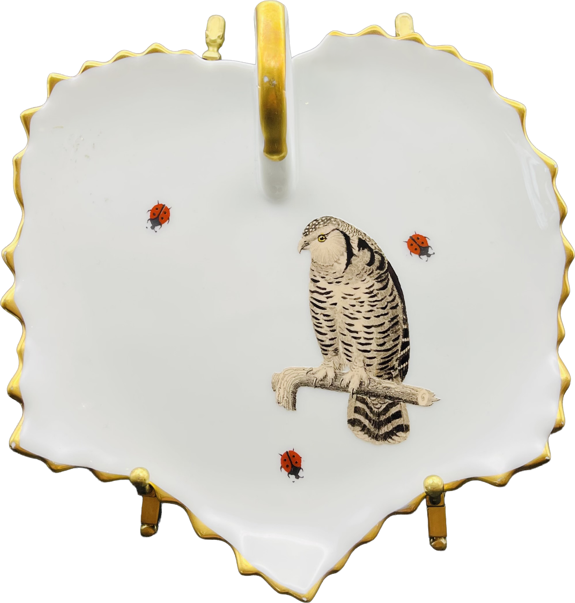Hawk Owl on handled leaf plate with gold accents and lady bugs