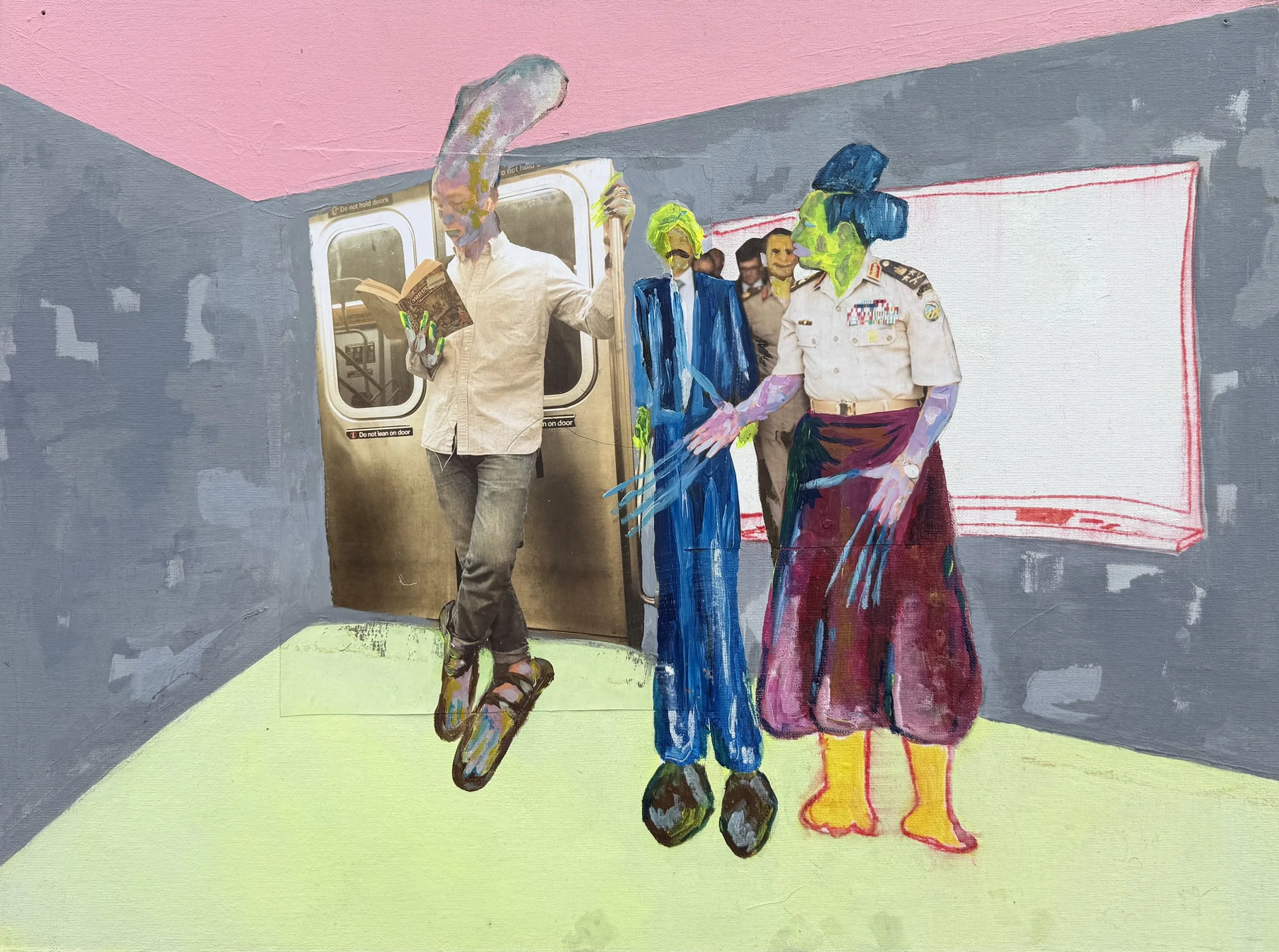  Lesson 1: Do not lean on door   2016  24” x 18”  Print-outs and acrylic on canvas panel 