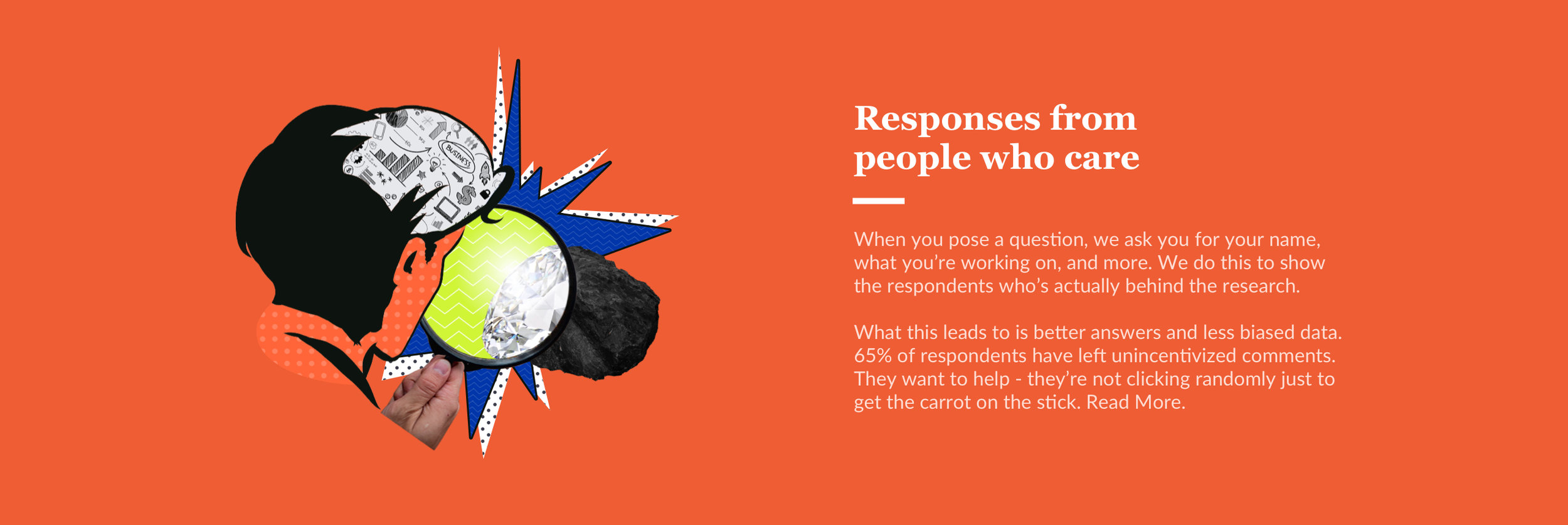 The body copy reads: “When you pose a question, we ask you for your name, what you’re working on, and more. We do this to show the respondents who’s actually behind the research. What this leads to is better data. 65% of respondents have left unincentivized comments. They want to help - they’re not clicking randomly just to get the carrot on the stick.”
