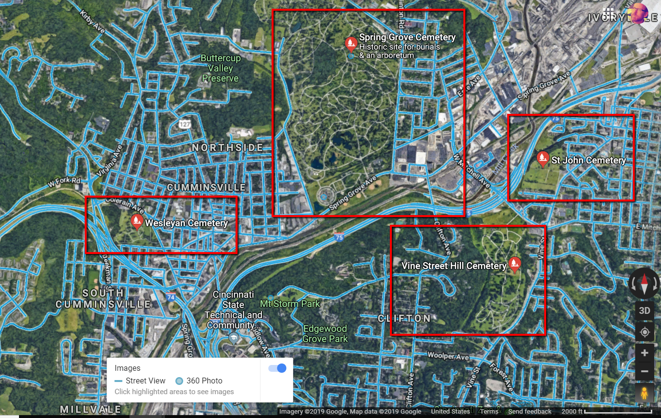 Blue lines indicate where Google Street View imagery exists.