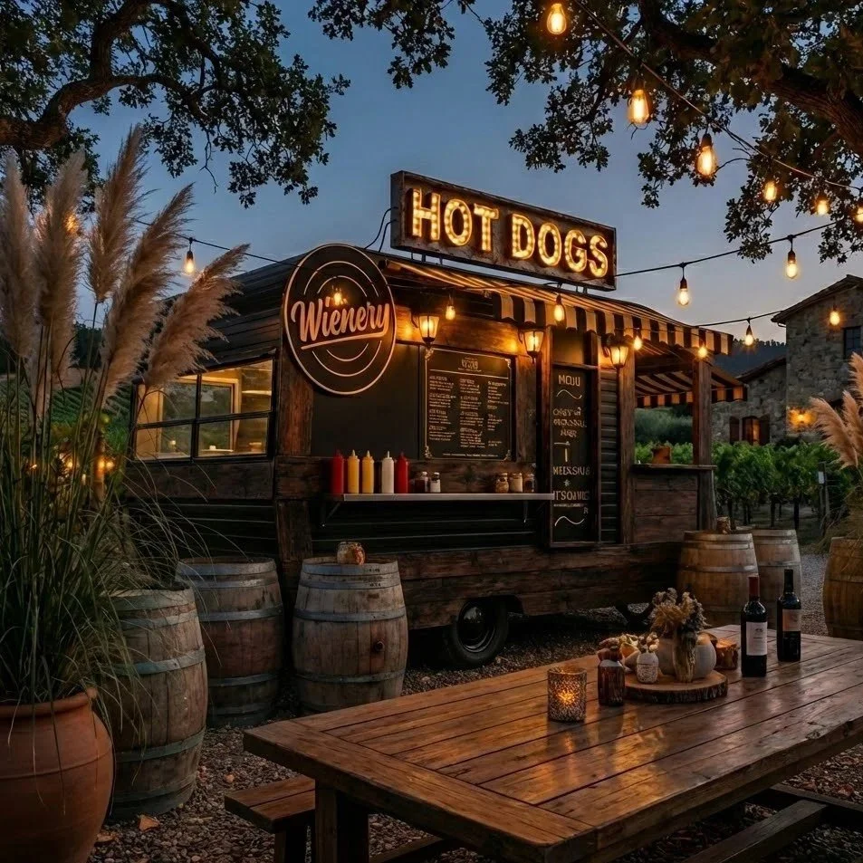 A rustic food truck serving hot dogs, with a large illuminated 'HOT DOGS' sign on top, surrounded by outdoor string lights and barrels, at dusk in a countryside setting.