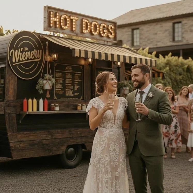 A bride and groom celebrating with drinks in front of a hot dog stand at an outdoor wedding reception, with guests in the background.