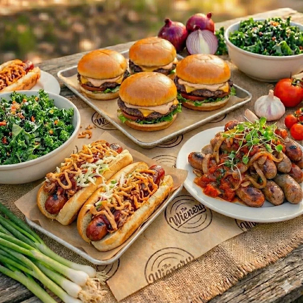 A picnic table with four cheeseburgers on a plate, two hot dogs with toppings, a bowl of salad, a plate of cooked sausages with microgreens, and a bowl of leafy greens salad, with garlic, cherry tomatoes, and onions nearby.