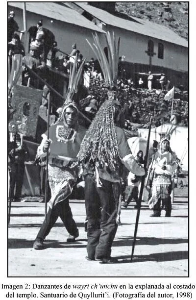 With feather headdresses and long pijuayo staffs, the Wayri Ch'uncho dancers are an Andean representation of Amazonians. Photograph and original caption by Guillermo Salas Careño .