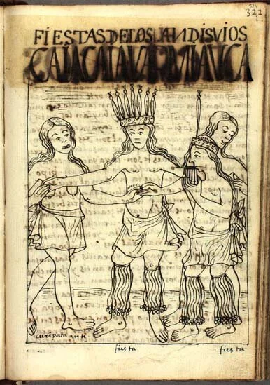 “ Fiestas de los Andisuios ” – Writing between 1600-1615, the chronicler Guaman Poma de Ayala described festivals of the Antis and Ch'unchos of the Amazon to the east of Inka Cusco. His drawing shows obvious parallels to the feathered headdresses of contemporary Ch'uncho dancers. In the accompanying text he makes mention of “ auca warmi ” or warrior women. Tales of female warriors also are said to have led to the Spanish naming of the Amazon River.