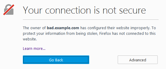 Firefox message on website connections to sites that do not have an SSL certificate or if the certificate is not strong enough and can't be validated. The message states 'the owner of this site has configured their website improperly. To protect your information from being stolen, Firefox has not connected to this website'.