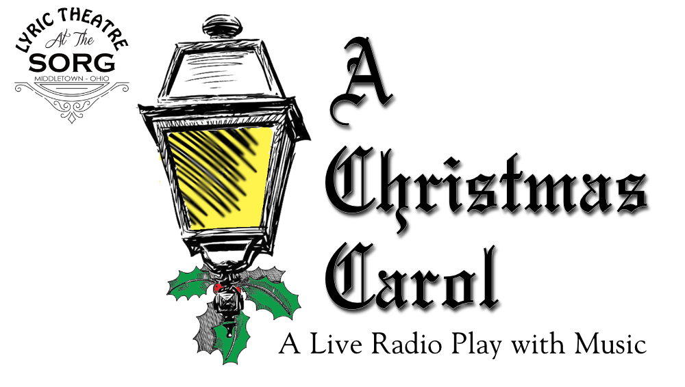 A lamp post decorated for the holidays and “A Christmas Carol” title logo
