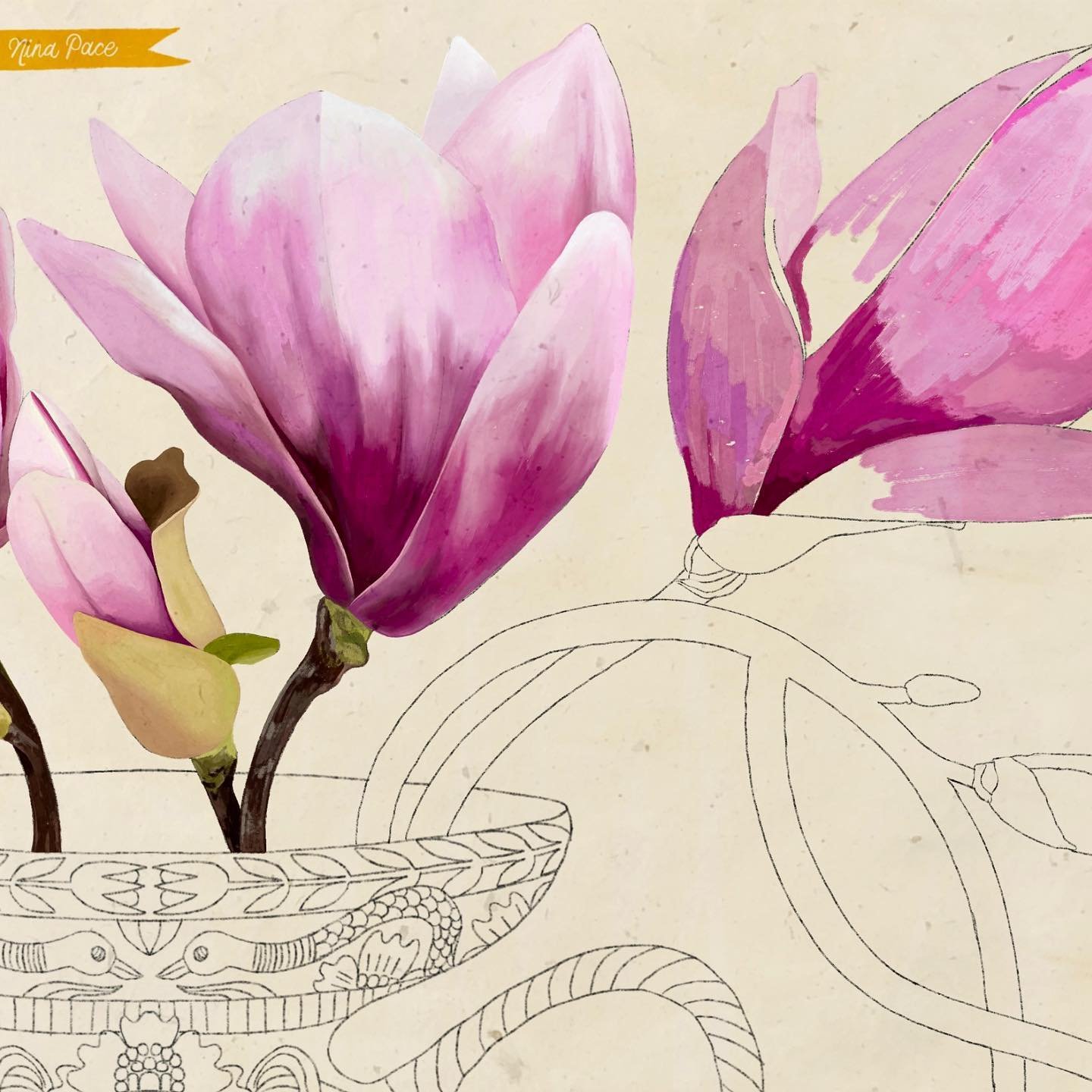 Happy Friday! Here&rsquo;s an &ldquo;in progress&rdquo; shot of a personal piece I&rsquo;ve been working on in the quiet moments before I go to sleep at night. The magnolias here in New York have already dropped their petals, but I&rsquo;m happy to s