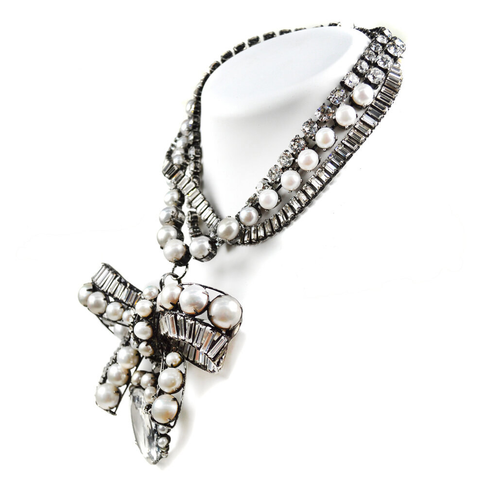 Pearl and Rock Crystal Bow Choker with Pin — Iradj Moini
