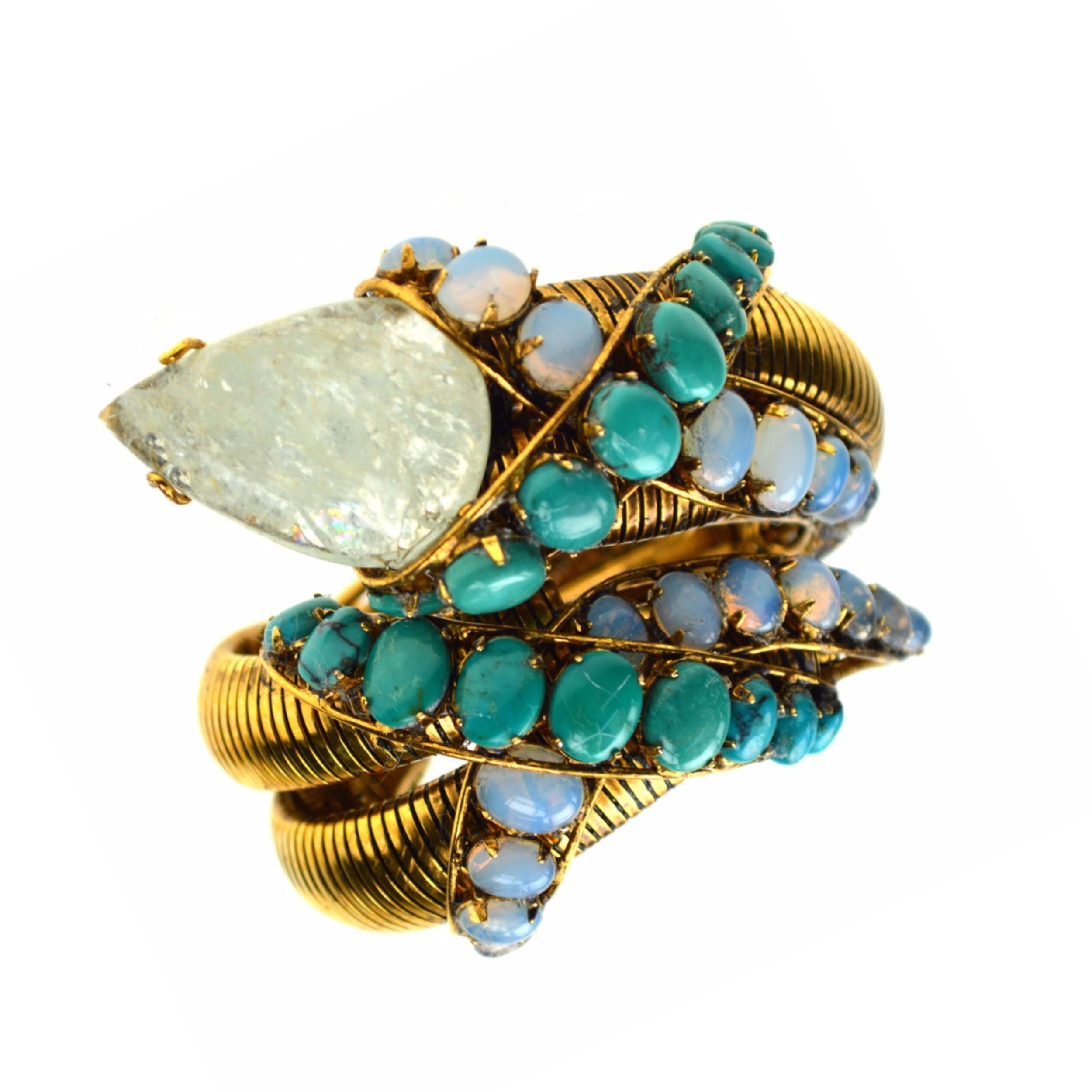 snake-reptile-serpent-bracelet-cuff-iradj-moini-statement-jewelry-turquoise-chalcedony-aquamarine