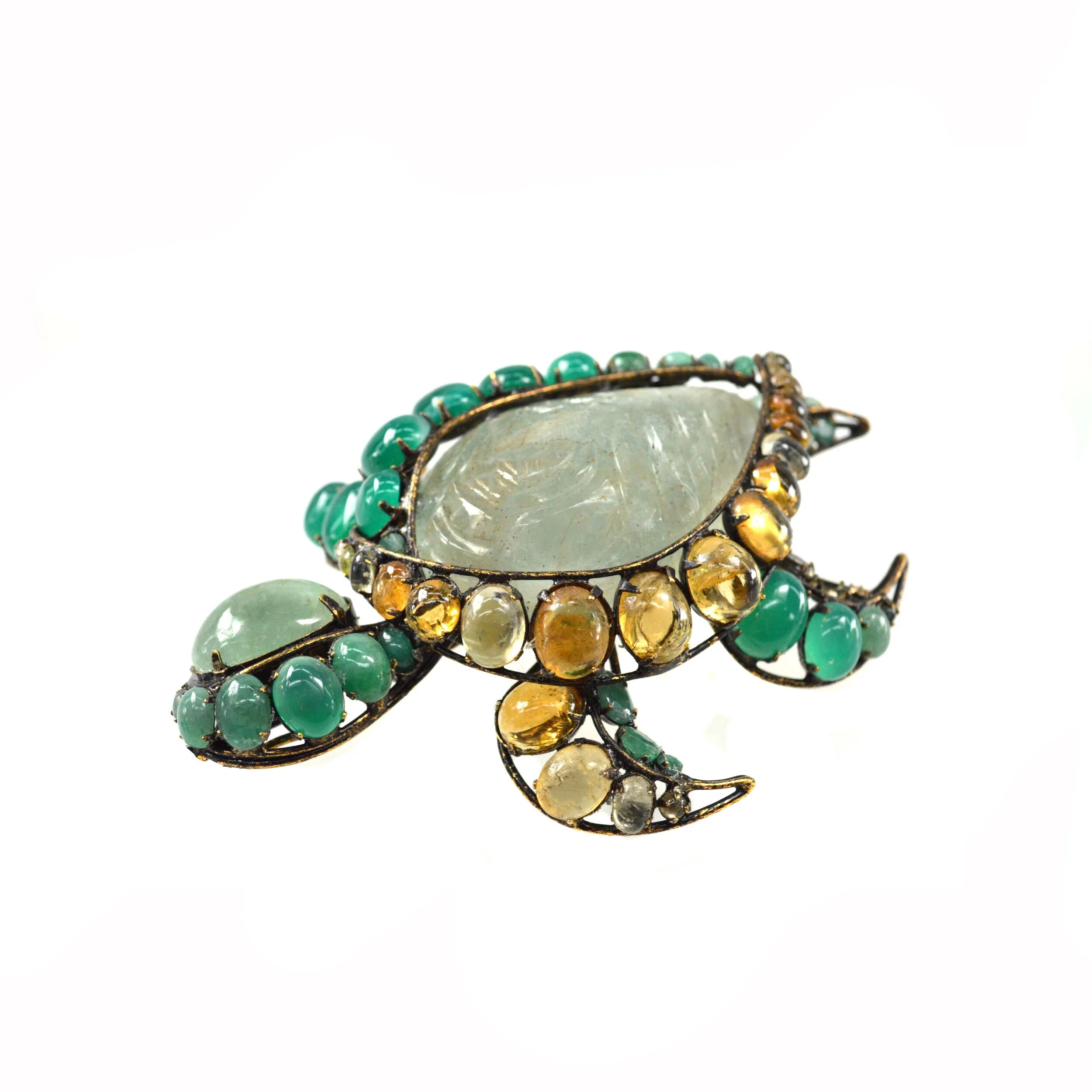 Aquamarine and Green Agate Turtle Pin (TBP-10A)