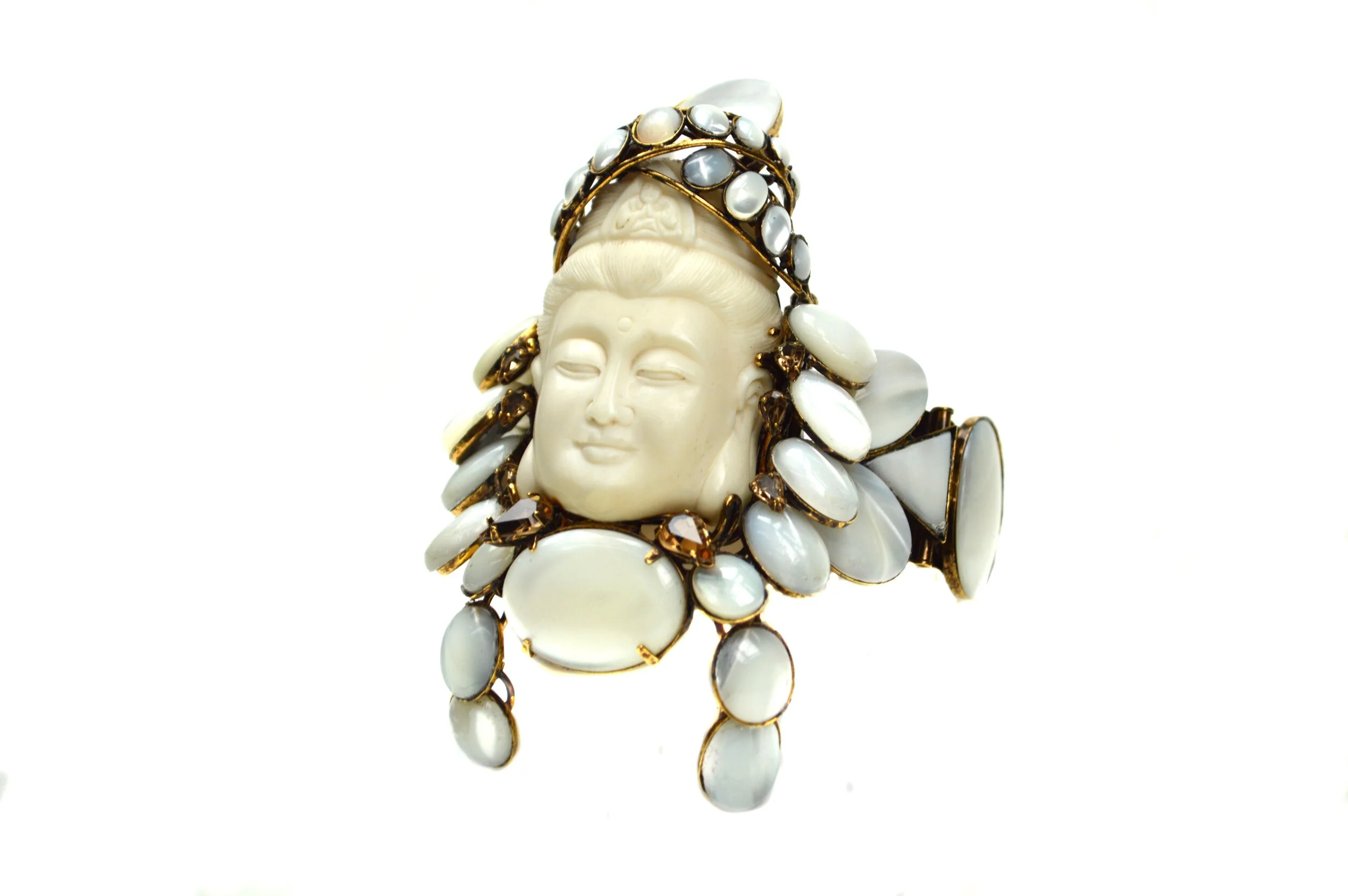 bracelet-cuff-pin-brooch-Buddha-statement-costume-iradj-moini-jewelry-mother-pearl-bone