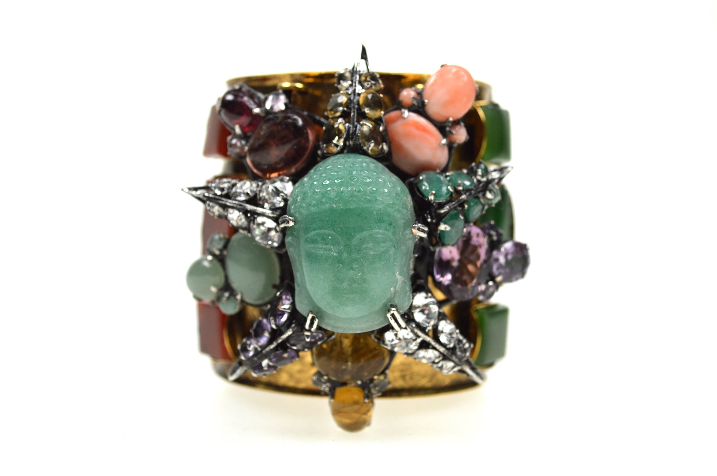 bracelet-cuff-pin-brooch-Buddha-statement-costume-iradj-moini-jewelry-aquamarine-coral-star-emerald-amethyst-carnelian-vintage-crystal-Swarovski