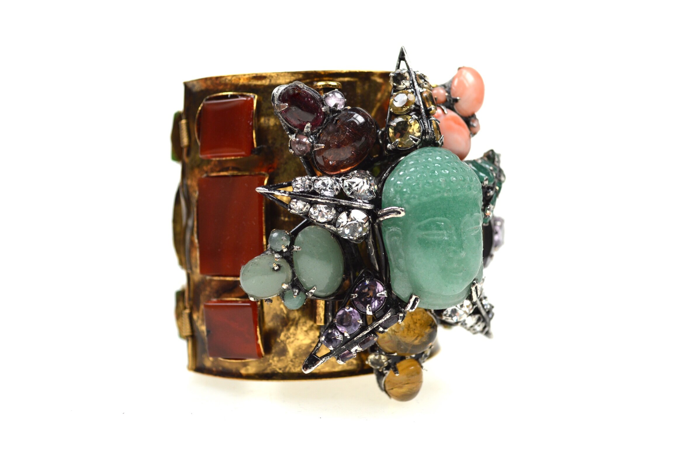 bracelet-cuff-pin-brooch-Buddha-statement-costume-iradj-moini-jewelry-aquamarine-coral-star-emerald-amethyst-carnelian-vintage-crystal-Swarovski