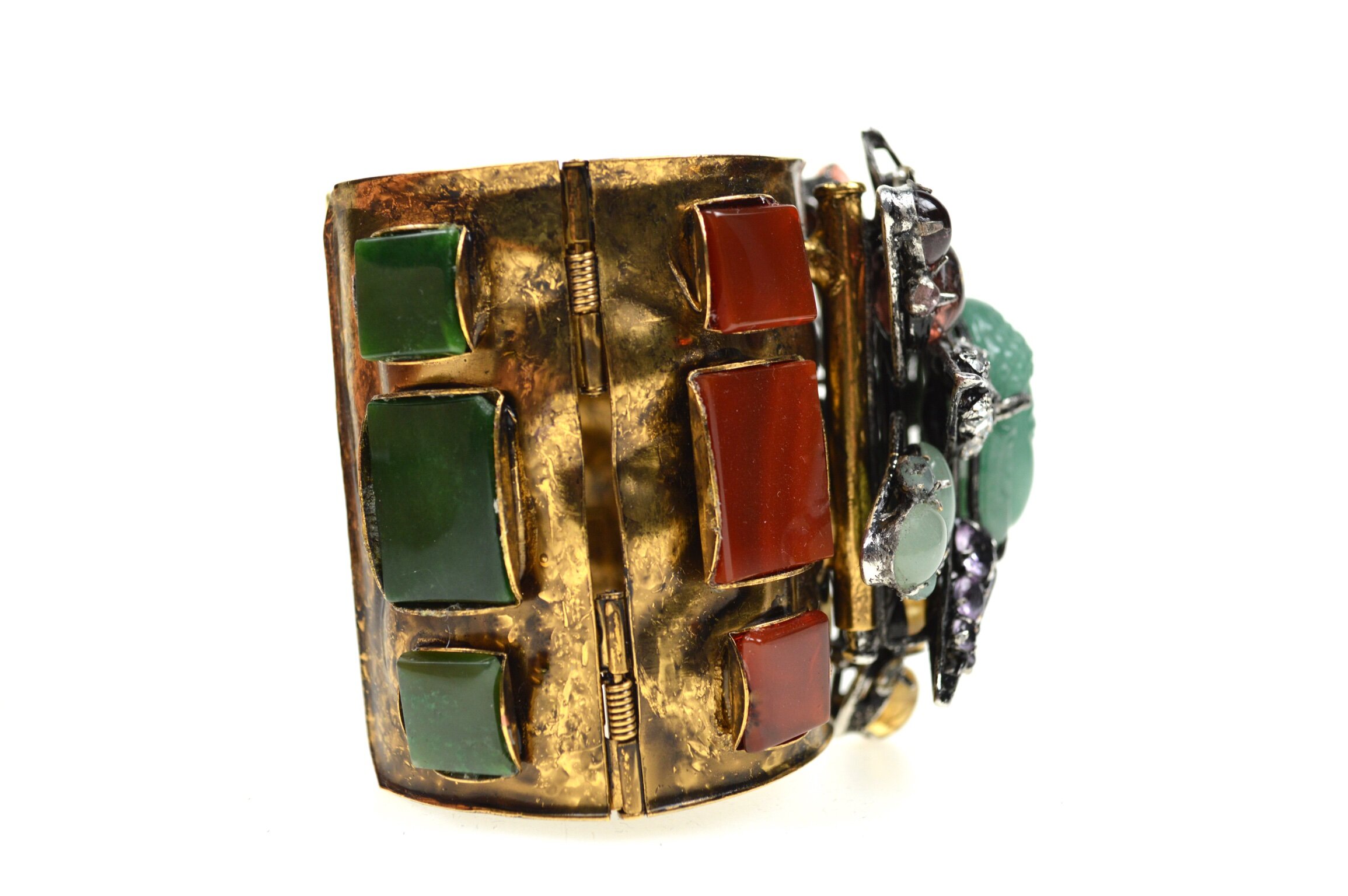 bracelet-cuff-pin-brooch-Buddha-statement-costume-iradj-moini-jewelry-aquamarine-coral-star-emerald-amethyst-carnelian-vintage-crystal-Swarovski