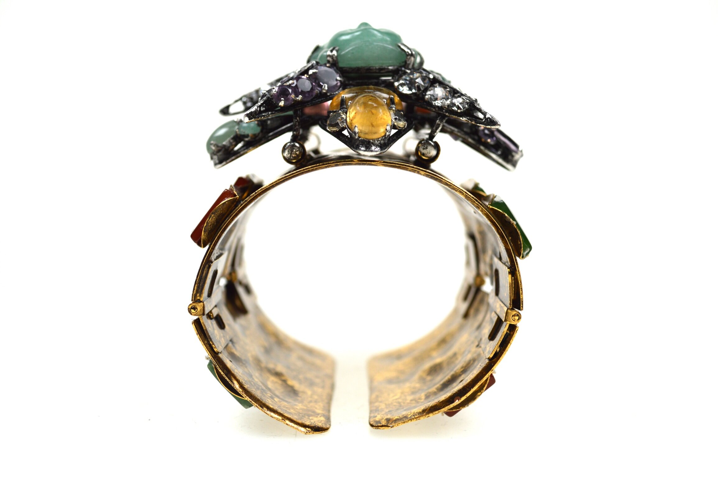 bracelet-cuff-pin-brooch-Buddha-statement-costume-iradj-moini-jewelry-aquamarine-coral-star-emerald-amethyst-carnelian-vintage-crystal-Swarovski