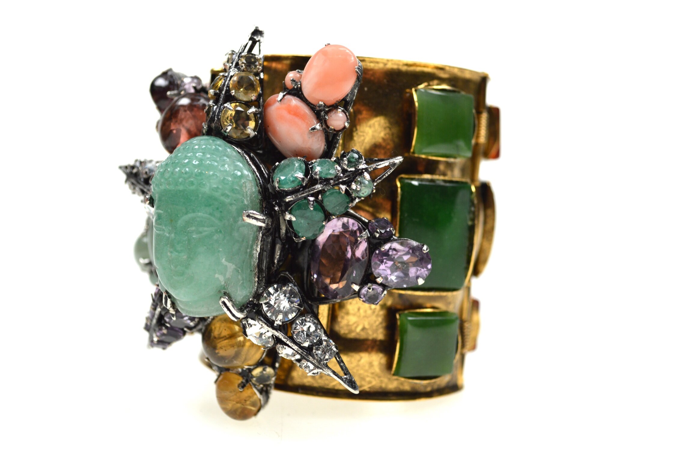 bracelet-cuff-pin-brooch-Buddha-statement-costume-iradj-moini-jewelry-aquamarine-coral-star-emerald-amethyst-carnelian-vintage-crystal-Swarovski